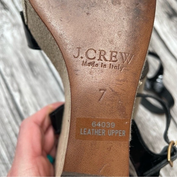 J. Crew Womens Patent Leather Canvas Wedge Sandals 7 Beige Black Made in Italy - Picture 11 of 13